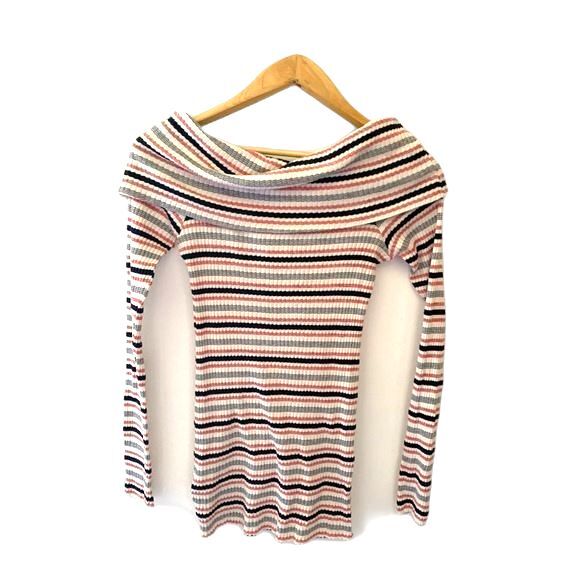 Splendid NWTs Ivory Pink Black Striped Off the Shoulder Sweater Tunic Top Size M - Picture 3 of 9